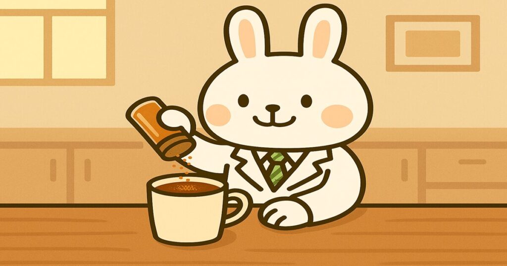 白衣姿のうさぎキャラクター・みどりんが、笑顔でカップのコーヒーにシナモンパウダーを振りかけているイラスト。背景は明るい室内風の色合いで、やさしく健康的な雰囲気。
